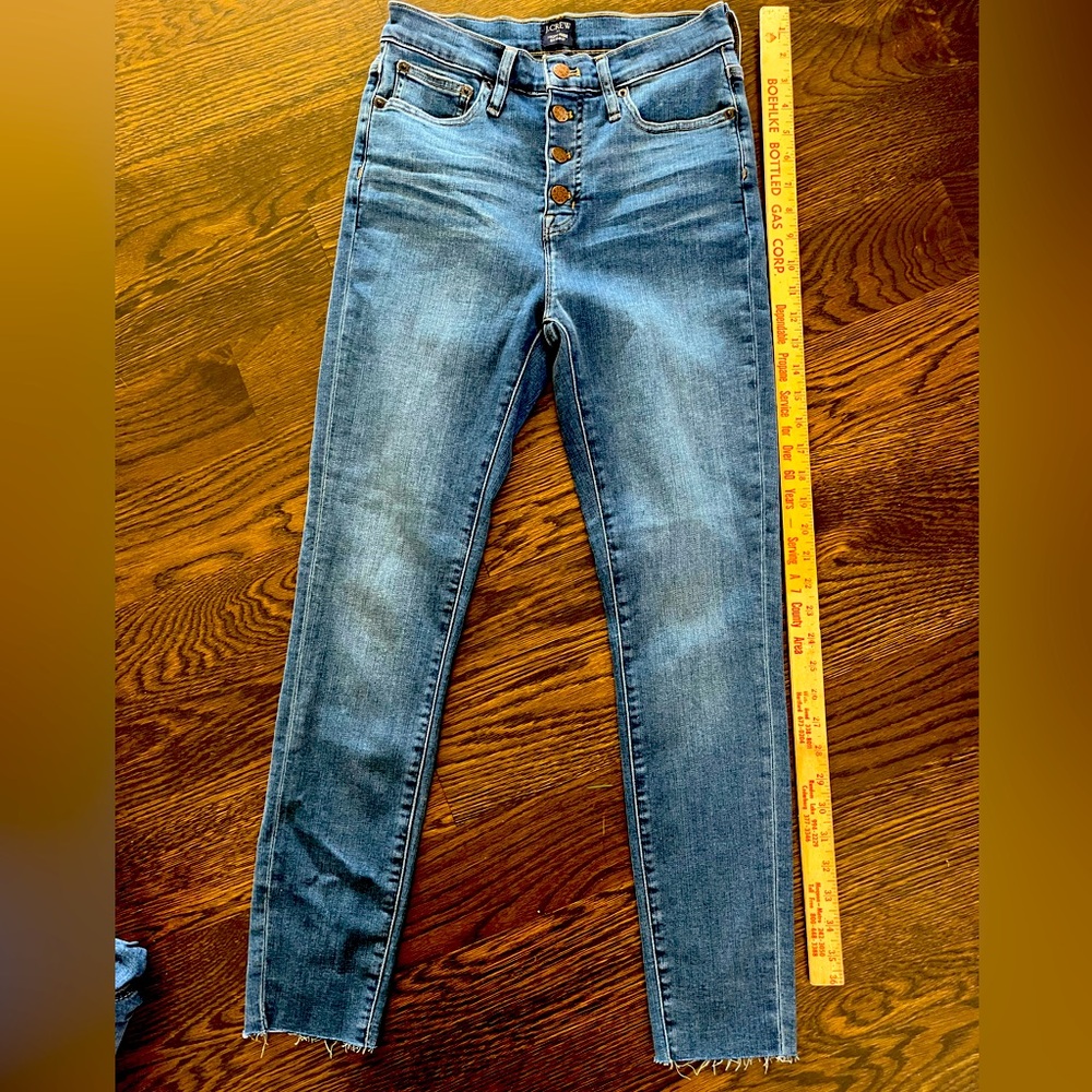 J.Crew women’s 26 high-rise skinny button fly, distressed edge, denim blue jeans
